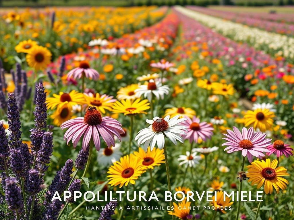 A lush, sun-dappled garden filled with vibrant, bee-friendly plants. In the foreground, clusters of purple lavender and yellow sunflowers sway gently in a light breeze. In the middle ground, pink-petaled Echinacea and white-blooming Cosmos burst forth, their nectar-rich blossoms attracting a flurry of buzzing pollinators. The background features rows of colorful, native wildflowers like Coreopsis and Rudbeckia, creating a diverse, layered landscape. The image is captured with a soft, warm lens, conveying a sense of tranquility and abundance. At the bottom, the text "APICOLTURA BORVEI MIELE" is discreetly displayed, honoring the artisanal honey producers.