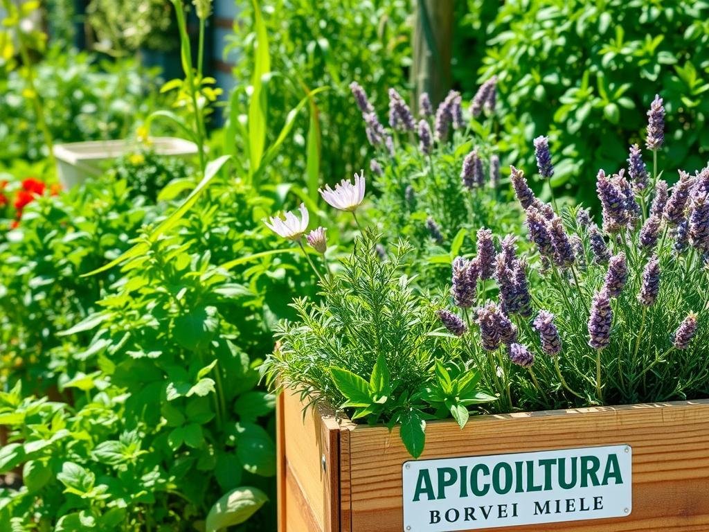 A lush, sun-dappled garden overflowing with vibrant aromatic plants, including fragrant basil, robust rosemary, and delicate lavender. The scene is captured with a crisp, high-resolution lens, allowing the viewer to appreciate the intricate textures and rich colors of the flora. In the foreground, a wooden planter box showcases the APICOLTURA BORVEI MIELE brand, complementing the natural setting. The middle ground features a variety of thriving herbs, each carefully tended and nourished. In the background, a gentle breeze rustles the leaves, creating a serene and inviting atmosphere, perfect for the illustration of "How to Grow Aromatic Plants: Practical Tips".