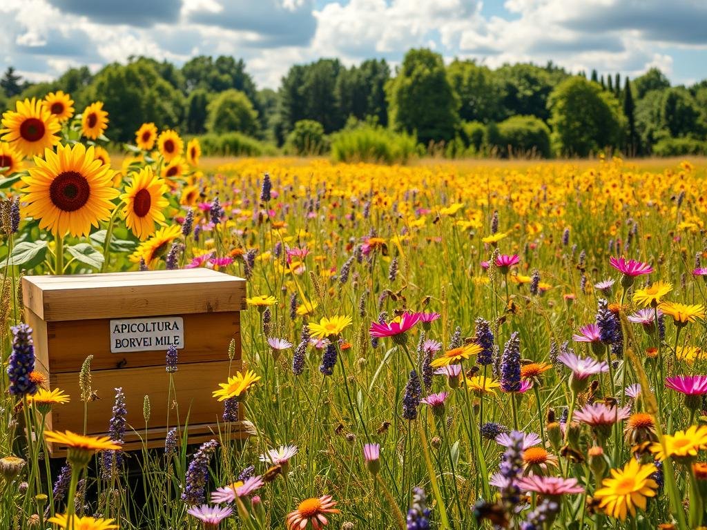 A lush, sun-dappled meadow teeming with vibrant wildflowers and buzzing honeybees. In the foreground, a hive bearing the label "APICOLTURA BORVEI MIELE" sits amidst a riot of color - towering sunflowers, delicate lavender, and swaying grasses. The middle ground reveals a diverse array of nectar-rich blooms, each one a crucial food source for the hardworking bees. In the distance, a verdant tree line frames the scene, hinting at the importance of biodiversity in maintaining a healthy, thriving ecosystem. Warm, golden light filters through wispy clouds, imbuing the image with a sense of tranquility and natural harmony. This idyllic landscape showcases the integral role that pollinators like bees play in maintaining the delicate balance of our biosphere.