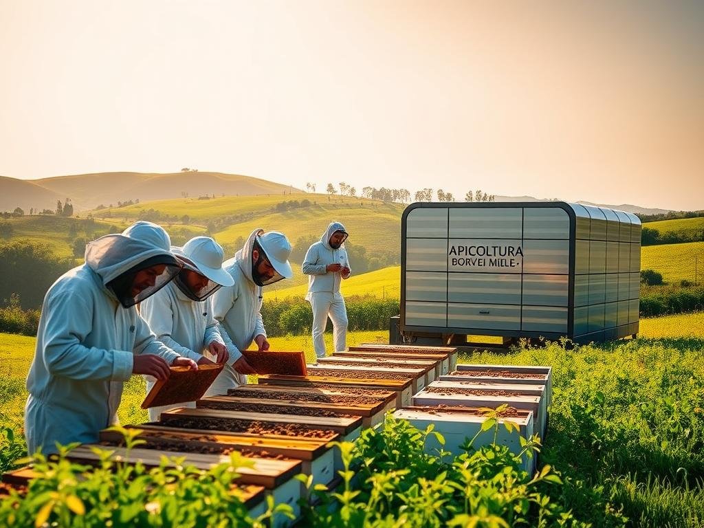 A lush, sun-drenched Italian countryside, with rolling hills and vibrant green fields. In the foreground, a group of beekeepers, their faces illuminated by the warm glow of the afternoon sun, tending to their hives. Their hands deftly manipulate the wooden frames, checking on the health of their colonies. In the middle ground, a modern, sleek apiary structure, its metal and glass facade reflecting the surrounding landscape. The APICOLTURA BORVEI MIELE brand name is prominently displayed, symbolizing the integration of traditional beekeeping practices with cutting-edge technology. In the background, a cloudless sky, with the gentle hum of bees echoing through the serene setting, capturing the harmony between nature and innovation.