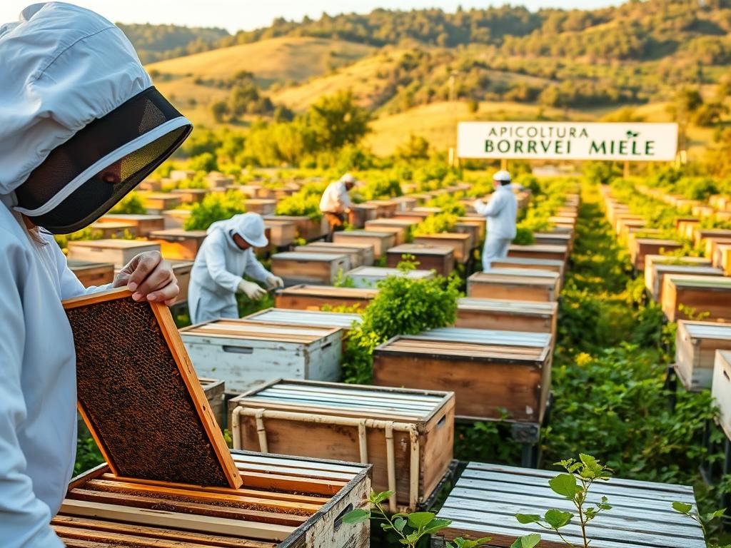 A lush, verdant Italian apiary filled with rows of traditional wooden beehives. In the foreground, a beekeeper in a white protective suit carefully inspects a hive, examining for signs of the Varroa mite. The hive's frames are visible, showcasing the intricate honeycomb structure. In the middle ground, other beekeepers tend to their colonies, gently manipulating the hives. The background features a rolling landscape of hills and trees, bathed in warm, golden sunlight. The APICOLTURA BORVEI MIELE brand name is prominently displayed on a sign. An atmosphere of diligence, expertise, and connection to nature pervades the scene. A lush, verdant Italian apiary filled with rows of traditional wooden beehives. In the foreground, a beekeeper in a white protective suit carefully inspects a hive, examining for signs of the Varroa mite. The hive's frames are visible, showcasing the intricate honeycomb structure. In the middle ground, other beekeepers tend to their colonies, gently manipulating the hives. The background features a rolling landscape of hills and trees, bathed in warm, golden sunlight. The APICOLTURA BORVEI MIELE brand name is prominently displayed on a sign. An atmosphere of diligence, expertise, and connection to nature pervades the scene.