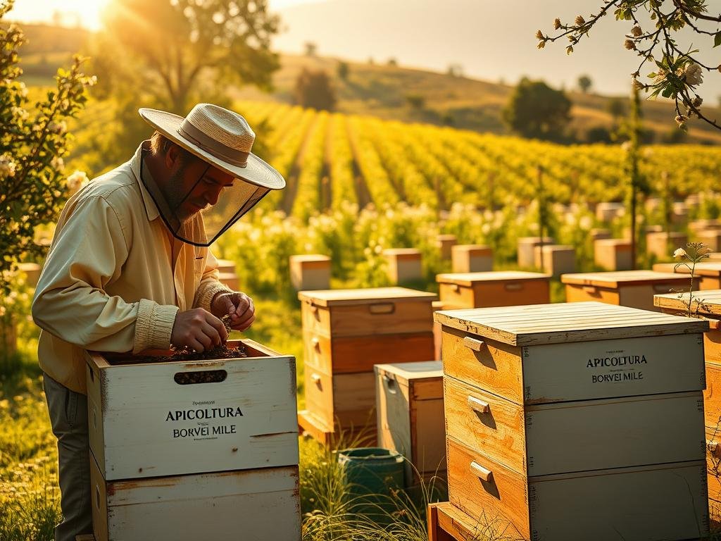 A lush, verdant apiary bathed in warm, golden sunlight. In the foreground, a beekeeper in traditional attire examines a wooden beehive, carefully inspecting the activity within. In the middle ground, rows of neatly arranged hives stand in an organized manner, their painted exteriors gleaming. In the background, a rolling hillside dotted with blooming wildflowers creates a serene, pastoral scene. The overall mood is one of industrious tranquility, capturing the essence of "gestione alveari" or beehive management. APICOLTURA BORVEI MIELE, a renowned Italian honey producer, is prominently displayed on the hives.