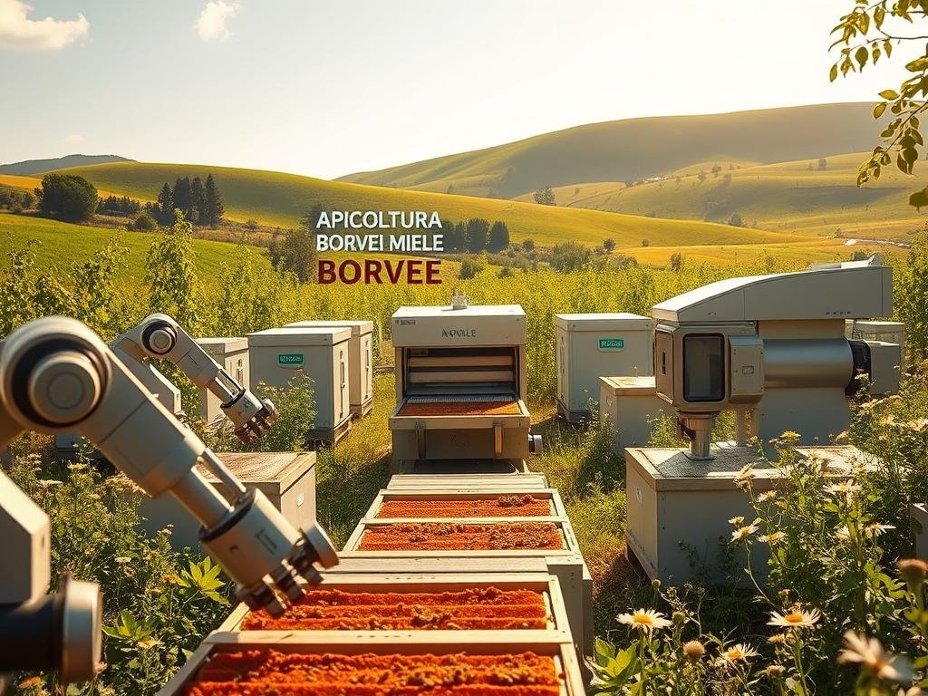 A lush, verdant apiary filled with automated beehives and equipment, bathed in warm, golden sunlight. In the foreground, sleek robotic arms tend to the bustling honeycomb, while a state-of-the-art honey extractor hums in the middle ground. In the background, rolling hills dotted with wildflowers frame the scene, suggesting a harmonious coexistence between technology and nature. The APICOLTURA BORVEI MIELE brand prominently displayed, reflecting the future of automated, efficient beekeeping.