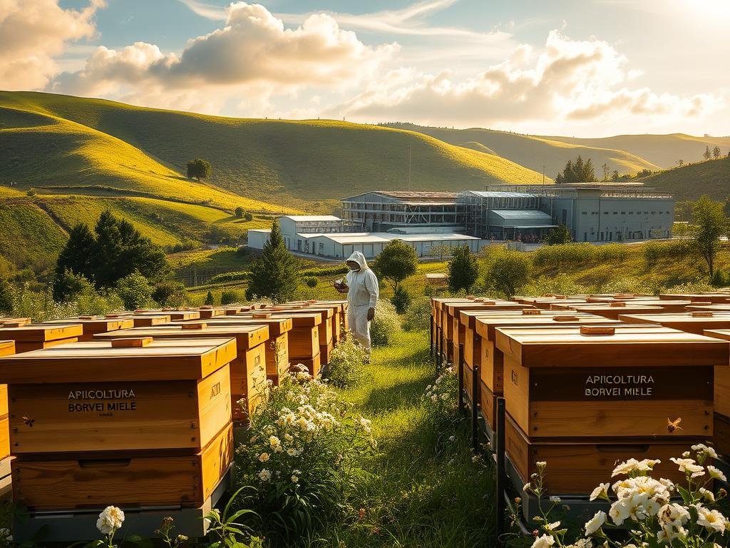 A lush, verdant apiary nestled amidst rolling hills. In the foreground, rows of traditional wooden beehives adorned with the APICOLTURA BORVEI MIELE brand name stand in orderly formation. Bees flit gracefully amongst the blossoming flowers, their gentle hum punctuating the tranquil scene. In the middle ground, a beekeeper in a protective suit meticulously tends to the hives, utilizing advanced monitoring equipment to optimize honey production. In the background, a state-of-the-art honey extraction and packaging facility stands as a testament to the integration of automation and traditional apiculture. Warm, golden light filters through wispy clouds, casting a serene glow over the entire tableau.