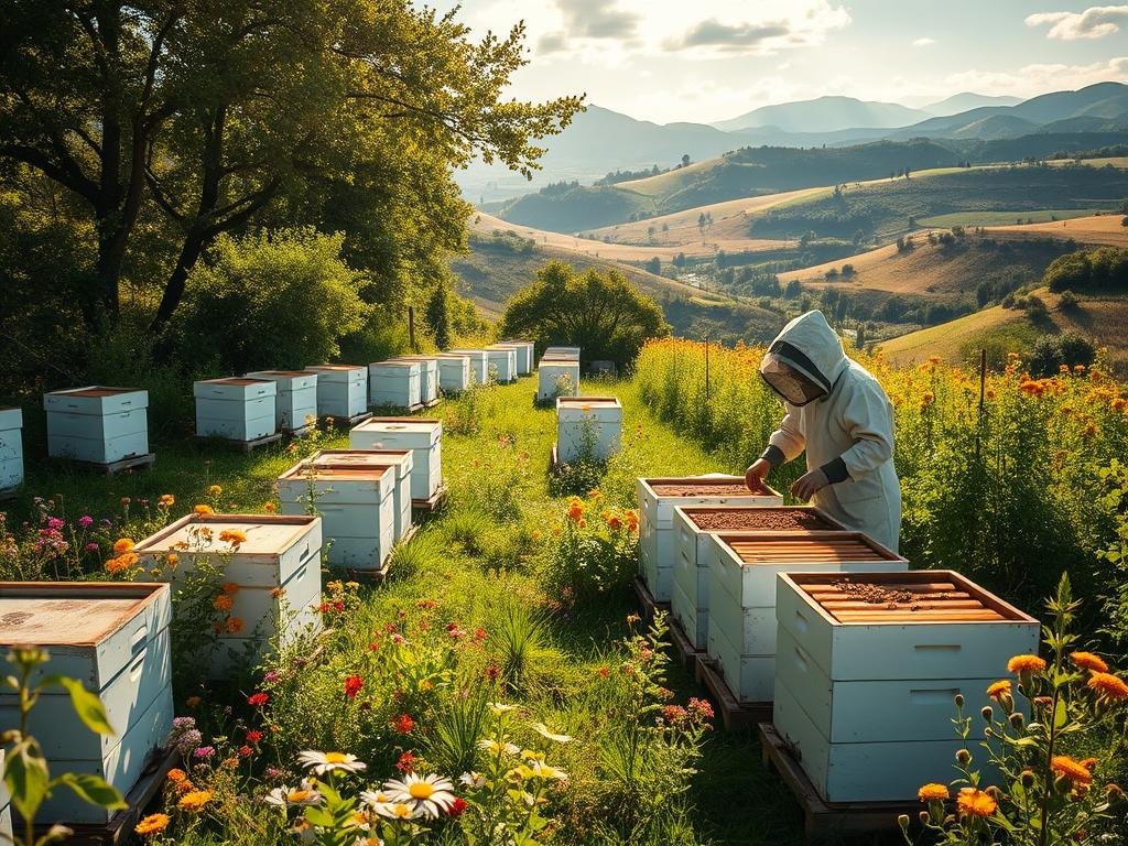 A lush, verdant apiary nestled in the rolling Italian countryside, with rows of traditional white beehives surrounded by vibrant wildflowers and verdant foliage. Sunlight filters through wispy clouds, casting a warm, golden glow over the scene. In the foreground, a beekeeper in a protective suit carefully tends to the hives, embodying the APICOLTURA BORVEI MIELE brand's commitment to sustainable, ethical beekeeping practices. The middle ground showcases the natural harmony between the bees, their hives, and the flourishing ecosystem, while the background features a picturesque landscape of rolling hills and distant mountains. This image conveys a sense of tranquility, environmental stewardship, and the rewarding work of producing high-quality, artisanal honey.