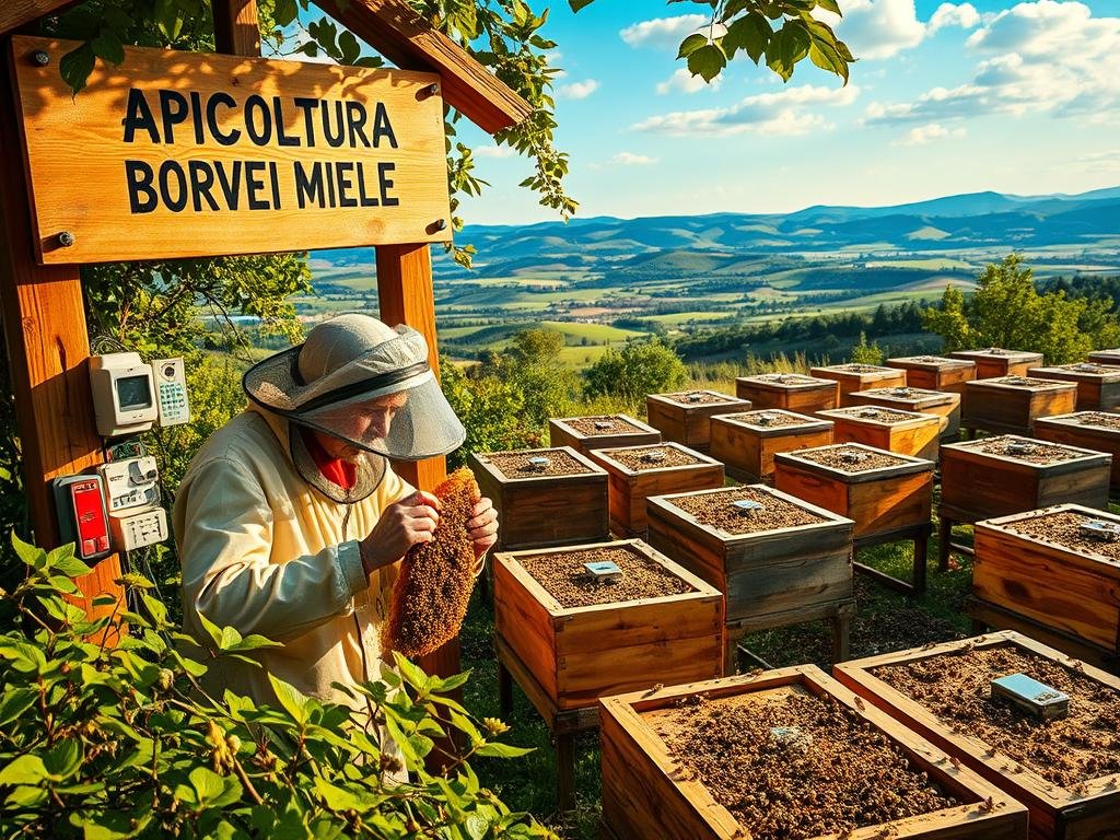 A lush, verdant apiary with bustling honey bees, framed by a rustic wooden structure adorned with the "APICOLTURA BORVEI MIELE" brand. In the foreground, a beekeeper meticulously inspects a honeycomb, surrounded by an array of high-tech sensors and monitoring devices. The mid-ground features rows of traditional beehives, their surfaces dotted with electronic panels and data interfaces. The background showcases a panoramic vista of rolling hills and a vibrant blue sky, creating a harmonious blend of nature and technology. Warm, golden lighting casts a soft glow over the scene, evoking a sense of tradition and innovation working in tandem to support the thriving apiculture industry.