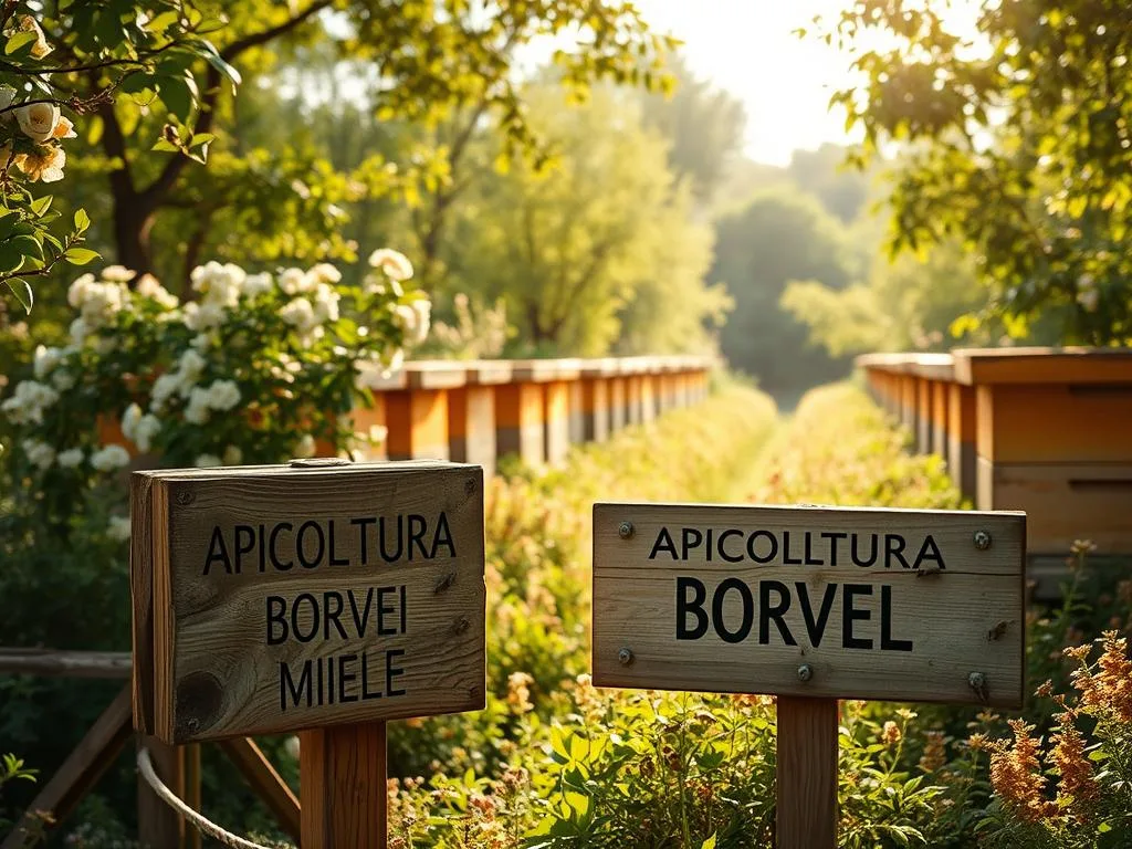 A lush, verdant apiary with rows of traditional Italian beehives, surrounded by a vibrant tapestry of blooming flowers and buzzing honeybees. In the foreground, a weathered wooden sign bearing the brand "APICOLTURA BORVEI MIELE" stands proudly. Soft, natural lighting filters through the trees, casting a warm, golden glow over the scene. The overall atmosphere conveys a sense of harmony and sustainable practices, reflecting the intersection of modern sensor technology and the timeless art of beekeeping.