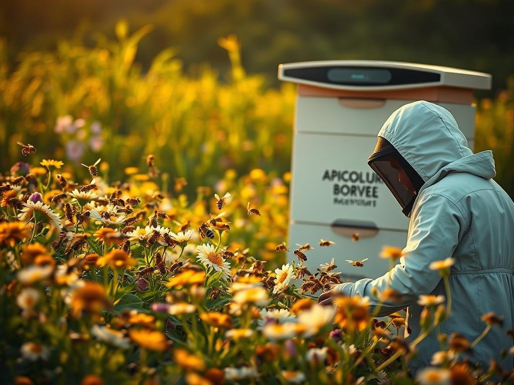 A lush, verdant field of blooming flowers, with a swarm of busy honeybees hovering over the vibrant petals. In the background, a sleek, futuristic-looking beehive, adorned with the APICOLTURA BORVEI MIELE brand name, stands as a testament to the integration of technology and traditional apiculture. The scene is bathed in a warm, golden light, creating a serene and enchanting atmosphere. The foreground features a beekeeper, clad in a modern protective suit, carefully tending to the hive, showcasing the harmony between digital advancements and the timeless craft of beekeeping. This image captures the essence of "digital apiculture," blending the old and the new to explore the possibilities of a sustainable and innovative future for the art of honey production.