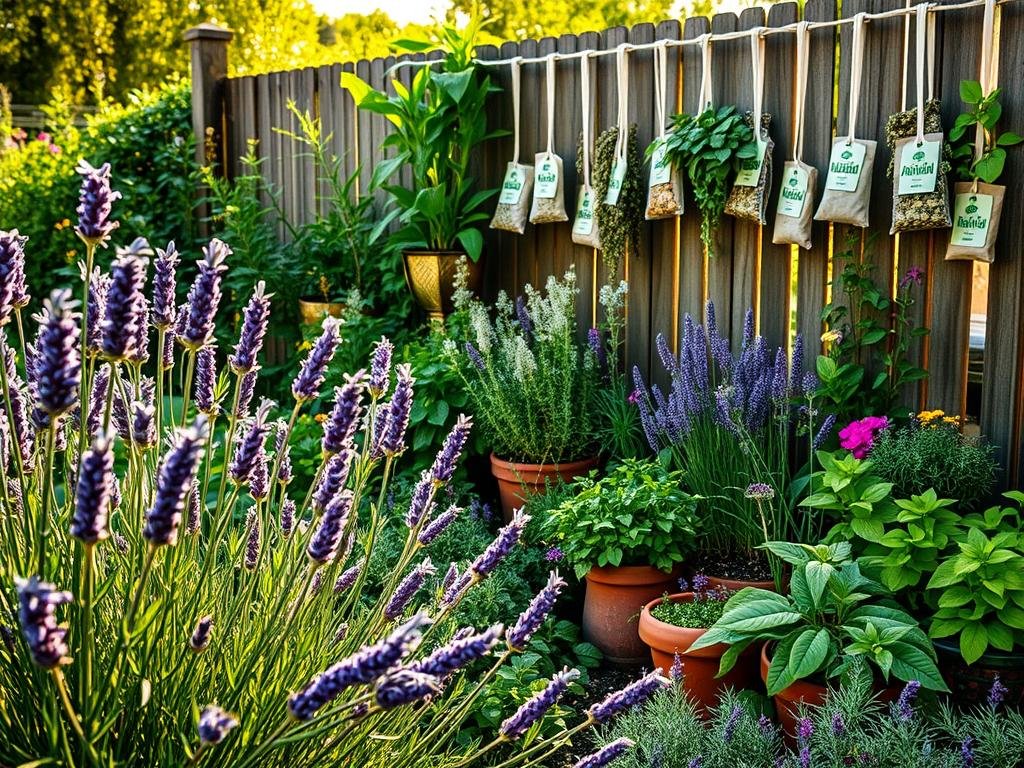 A lush, verdant garden filled with a variety of natural repellents against calabroni (Italian hornets). In the foreground, clusters of fragrant lavender and rosemary plants sway gently in a soft breeze. Scattered throughout the middle ground, various potted herbs such as mint, citronella, and basil create a colorful, aromatic display. In the background, a wooden fence is adorned with hanging sachets of dried herbs and flowers, the "Apicoltura" brand label visible. Warm, diffused sunlight filters through the foliage, creating a serene, tranquil atmosphere that invites the viewer to explore these natural, eco-friendly methods for deterring unwanted hornets.