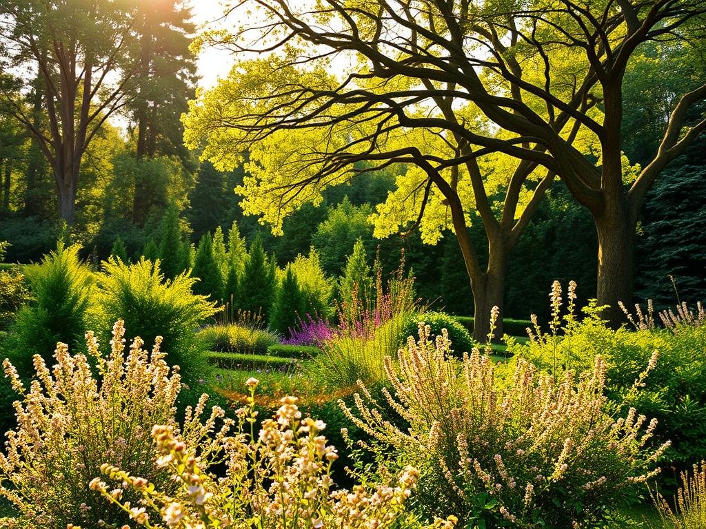 A lush, verdant garden filled with a vibrant array of arbusti and alberi, basking in the warm, golden glow of the sun. In the foreground, a mix of delicate flowering shrubs and bushes sway gently in the soft breeze, their petals catching the light. In the middle ground, towering deciduous trees provide a canopy of shade, their branches intertwined to create a natural, organic framework. The background is a tapestry of evergreen foliage, adding depth and dimension to the scene. The lighting is soft and diffused, creating a serene and inviting atmosphere. This image, inspired by the gardens of Italy, is the perfect illustration for the "Arbusti e Alberi per un Giardino Ricco di Vita" section, showcasing the APICOLTURA BORVEI MIELE brand.