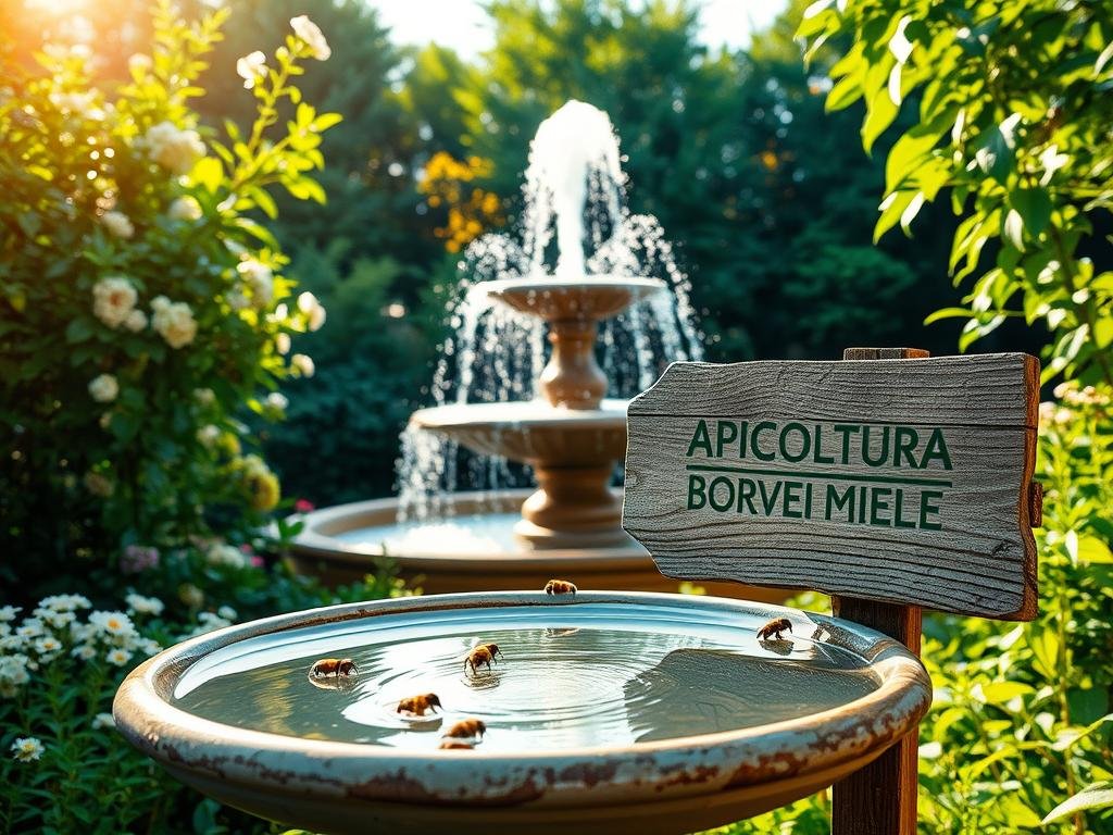 A lush, verdant garden in the Italian countryside, with a sparkling fountain in the center. Warm, soft light filters through the leaves, casting gentle shadows. Clusters of delicate, colorful flowers surround the fountain, their petals gently swaying in the breeze. In the foreground, a shallow birdbath filled with clear, refreshing water, inviting the local bees to quench their thirst. The APICOLTURA BORVEI MIELE logo is tastefully displayed on a weathered wooden sign nearby, complementing the natural setting. The overall scene conveys a sense of tranquility and harmony, highlighting the importance of providing water sources for the vital pollinator community.