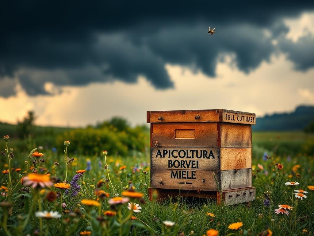 A lush, verdant landscape with a beehive in the foreground, surrounded by vibrant wildflowers and buzzing honeybees. The hive is adorned with the branding "APICOLTURA BORVEI MIELE", reflecting the artisanal nature of Italian apiculture. In the background, dark storm clouds loom, casting an ominous shadow over the scene, symbolizing the looming threat of climate change to the delicate ecosystem. Soft, warm lighting illuminates the foreground, creating a sense of tranquility amidst the impending environmental crisis. The image captures the beauty and fragility of the relationship between bees and their natural habitat, inviting the viewer to contemplate the impact of climate change on these vital pollinators.