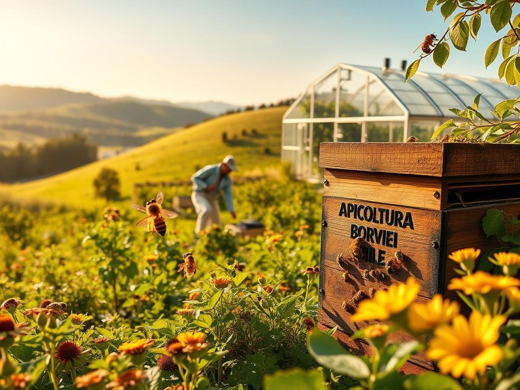 A lush, verdant landscape with rolling hills and a diverse array of plants and flowers. In the foreground, a group of honeybees gently pollinating a thriving hive, the words "APICOLTURA BORVEI MIELE" adorning its exterior. In the middle ground, a farmer tending to a small garden, using natural methods and tools to protect the crops from pests. In the background, a modern smart greenhouse with sensors and monitoring equipment, seamlessly integrating technology with organic farming practices. The scene is bathed in warm, golden sunlight, conveying a sense of harmony between nature and technology in the practice of biocontrol.