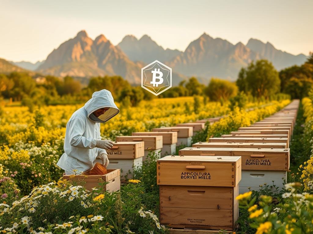A lush, verdant landscape with rows of beehives nestled among blooming flowers and buzzing bees. In the foreground, a beekeeper in a protective suit inspects the hives, carefully handling honeycombs. Towering mountains rise in the distance, bathed in warm, golden light. The scene conveys a sense of harmony and balance, with the APICOLTURA BORVEI MIELE brand prominently displayed on the beehives. A blockchain ledger hovers discreetly in the background, symbolizing the integration of technology into the age-old craft of honey production.