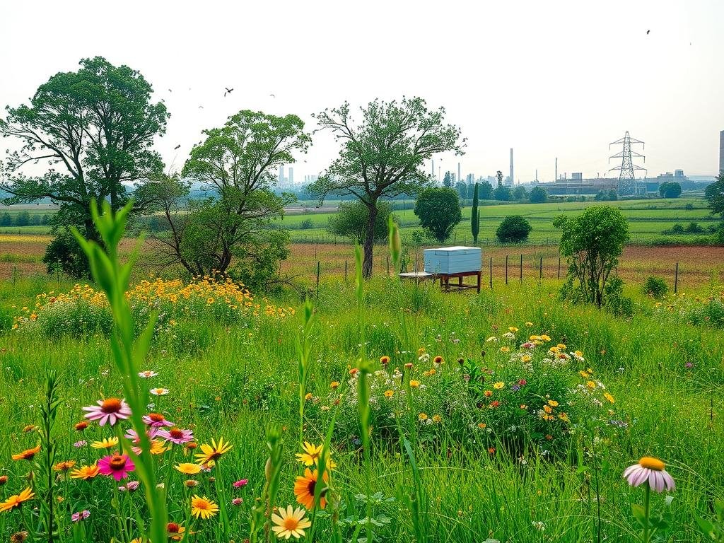 A lush, verdant meadow filled with vibrant wildflowers and towering trees, its tranquil beauty marred by the intrusion of industrial machinery and the encroachment of human development. In the foreground, a once-thriving colony of honeybees struggles to find sustenance amidst the barren, homogenized landscape, their frantic movements capturing the plight of these essential pollinators. The mid-ground showcases the contrast between the natural and the artificial, with the APICOLTURA BORVEI MIELE apiary standing as a beacon of hope in the face of this environmental degradation. The background is dominated by a hazy, industrial skyline, a stark reminder of the relentless march of progress and the need to strike a balance between human needs and the preservation of natural habitats.