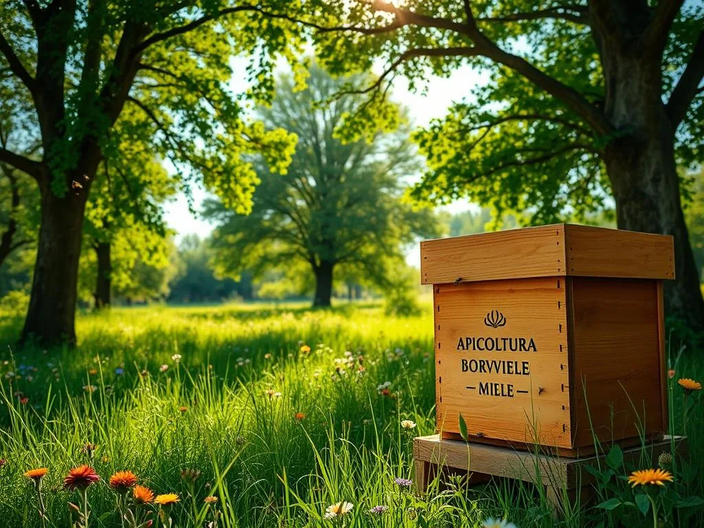 A lush, verdant meadow framed by towering trees, buzzing with the industrious activity of honeybees. In the foreground, a wooden beehive adorned with the "APICOLTURA BORVEI MIELE" brand stands as a testament to the harmonious coexistence between nature and human stewardship. Sunlight filters through the canopy, casting a warm, golden glow over the scene. Colorful wildflowers dot the landscape, providing a vibrant backdrop for the bees' pollination dance. The camera angles capture the scene from a low, ground-level perspective, emphasizing the importance of these vital pollinators and the need to protect their natural habitats. The overall mood is one of tranquility, balance, and the crucial role that natural reserves play in conserving Italy's precious bee populations.