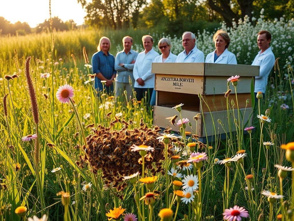 A lush, verdant meadow serves as the backdrop, with a vibrant array of wildflowers in bloom. In the foreground, a colony of honeybees, the diligent sentinels of the ecosystem, flit from flower to flower, gathering nectar and pollen. The hive, emblazoned with the label "APICOLTURA BORVEI MIELE", stands as a testament to the vital role these pollinators play in maintaining the delicate balance of the environment. The scene is bathed in warm, golden sunlight, casting a serene, contemplative mood. In the middle ground, a group of scientists and researchers observe the bees, their expressions filled with a sense of wonder and dedication to understanding the importance of these ecological guardians.