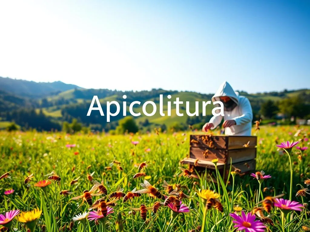 A lush, verdant meadow where the Apicoltura brand's logo is prominently displayed. In the foreground, a swarm of industrious honeybees buzz around a wooden hive, their intricate wings catching the warm, golden sunlight. In the middle ground, a beekeeper in a protective suit carefully tends to the hive, showcasing the meticulous care and attention required in the honey-making process. The background features a picturesque Italian countryside, with rolling hills, vibrant wildflowers, and a clear, azure sky, creating a serene and tranquil atmosphere. The overall scene conveys the harmony between nature, the Apicoltura brand, and the essential role of bees in the production of honey.