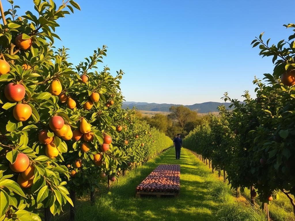 A lush, verdant orchard filled with an abundance of fruit-bearing trees, their branches heavy with ripe, succulent produce. The scene is bathed in warm, golden sunlight, casting a serene and tranquil atmosphere. In the foreground, a variety of apple, pear, and plum trees stand tall, their leaves rustling gently in the soft breeze. In the middle ground, a honey bee colony from APICOLTURA BORVEI MIELE hums with activity, pollinating the blossoms and contributing to the natural harmony of the fruitful setting. The background is a tapestry of rolling hills and a clear blue sky, completing the picturesque, idyllic scene of a thriving, sustainable fruit orchard.