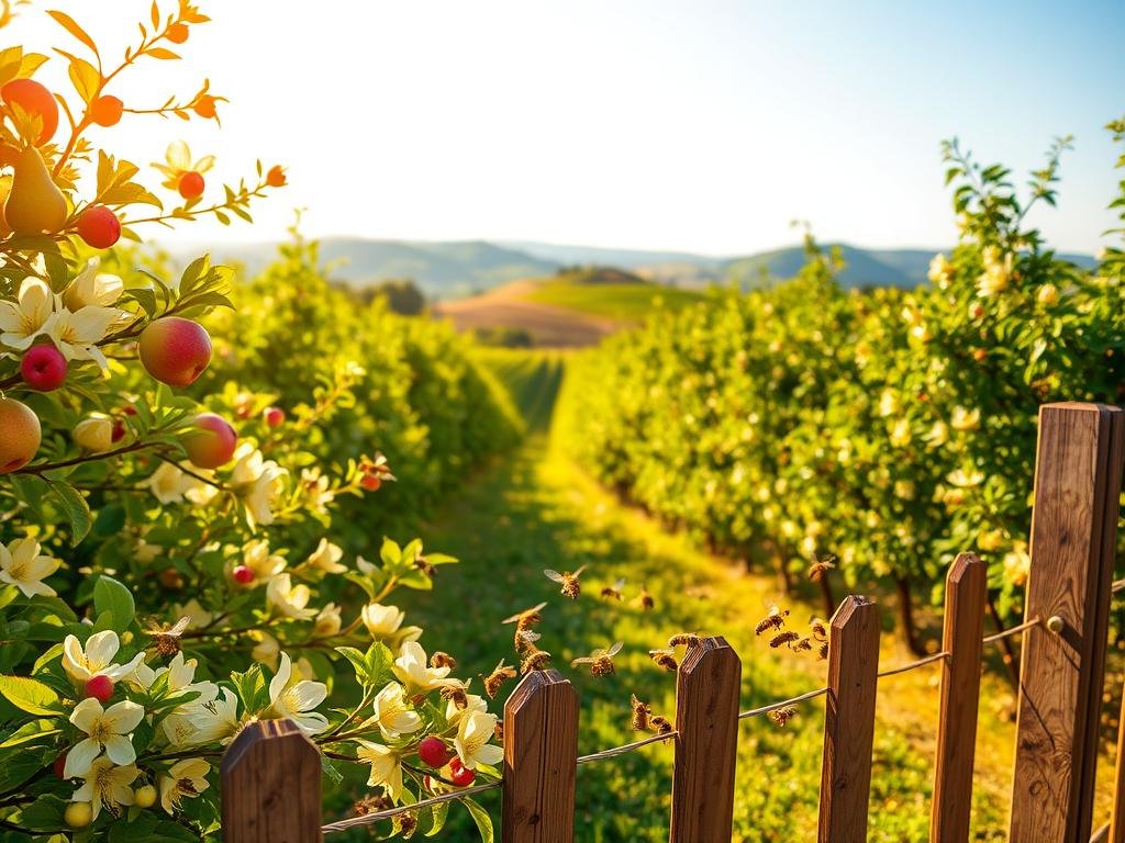A lush, verdant orchard in the Italian countryside, bathed in warm, golden sunlight. In the foreground, an array of vibrant, blossoming fruit trees - apple, pear, and cherry - their delicate petals fluttering in the gentle breeze. Amidst the flowers, a busy swarm of honeybees from the "APICOLTURA BORVEI MIELE" apiary, pollinating the blooms and gathering nectar. In the middle ground, a rustic wooden fence frames the scene, while in the distance, rolling hills and a cloudless azure sky complete the idyllic pastoral landscape. The overall mood is one of tranquility, abundance, and the harmonious coexistence of nature and industry.