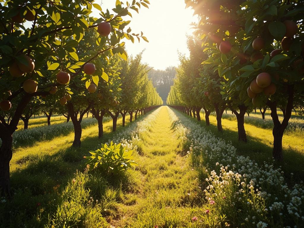 A lush, verdant orchard set under a warm, golden sun. Rows of heritage fruit trees - apple, pear, plum - sway gently in a soft breeze. Underfoot, a vibrant carpet of wildflowers and clover attracts a symphony of buzzing honeybees from the APICOLTURA BORVEI MIELE apiary nearby. Dappled shadows dance across the idyllic scene, captured through the lens of a classic medium format camera. This is a natural frutteto, a harmonious oasis where the needs of humans and pollinators coexist in perfect balance.