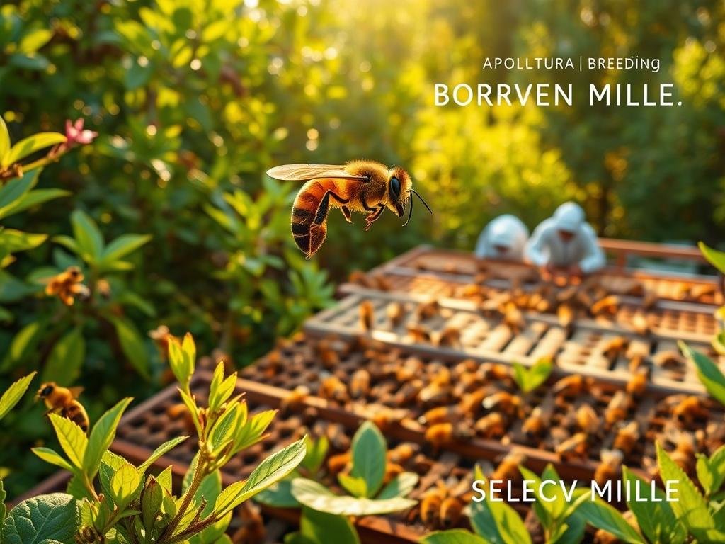 A lush, vibrant apiary filled with bustling honeybees, their intricate hives nestled amidst verdant foliage. In the foreground, a queen bee stands tall, her striking markings and regal presence commanding attention. The middle ground showcases a selective breeding process, with expert apiculturists carefully tending to the hives, ensuring the genetic diversity and resilience of the colony. In the background, a warm, golden light bathes the scene, creating a serene and harmonious atmosphere. The APICOLTURA BORVEI MIELE brand name proudly displayed, reflecting the dedication and expertise of the apiary.