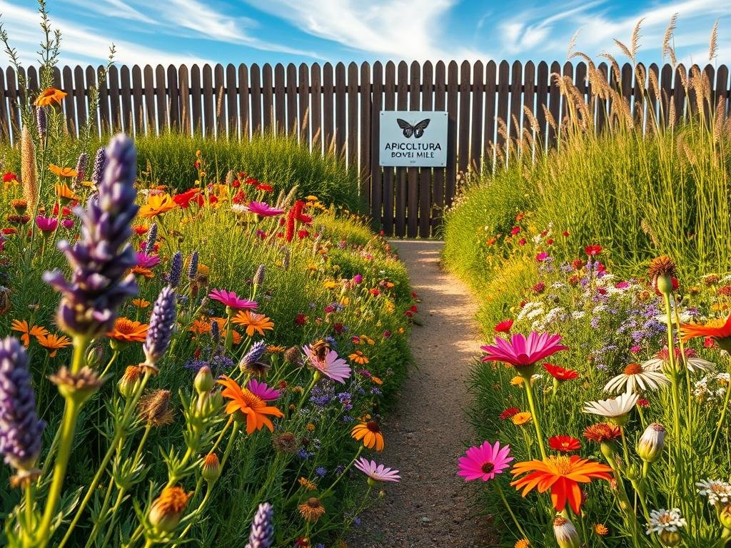 A lush, vibrant garden filled with a diverse array of flowering plants, designed to attract both bees and butterflies. In the foreground, an array of colorful blooms including lavender, rosemary, and cosmos sway gently in a warm, soft-focus breeze. In the middle ground, a meandering path leads through a mix of tall grasses and wildflowers, inviting exploration. The background features a picturesque wooden fence, adorned with the APICOLTURA BORVEI MIELE logo, and a serene blue sky with wispy clouds. The lighting is natural and golden, creating a tranquil, inviting atmosphere. The entire scene is captured with a wide-angle lens, emphasizing the depth and expansiveness of this pollinator-friendly oasis.
