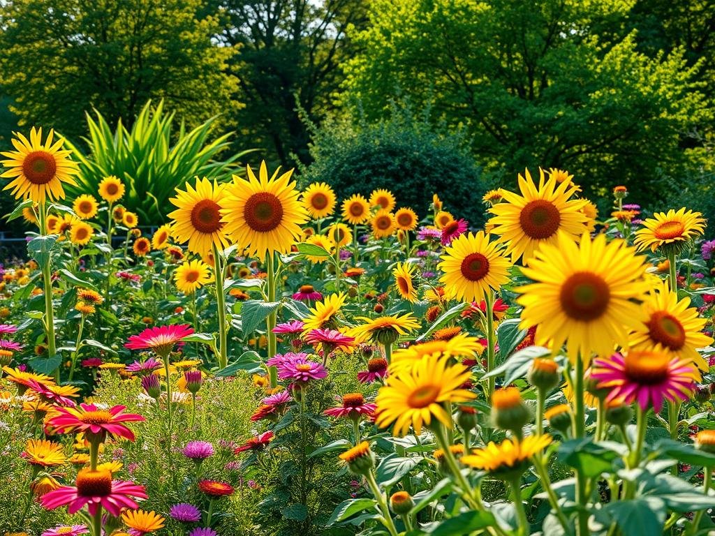 A lush, vibrant garden filled with an array of blooming, nectar-rich plants. In the foreground, rows of colorful flowers sway gently in the breeze, their petals catching the warm, golden light. Towering in the middle ground, towering sunflowers nod their bright, cheerful heads, their pollen-laden centers buzzing with the activity of industrious honeybees. In the background, a verdant canopy of leafy trees and shrubs provide a natural backdrop, creating a serene, tranquil atmosphere. The scene is imbued with a sense of harmony and abundance, reflecting the vital role these "APICOLTURA BORVEI MIELE" melliferous plants play in supporting a thriving ecosystem.