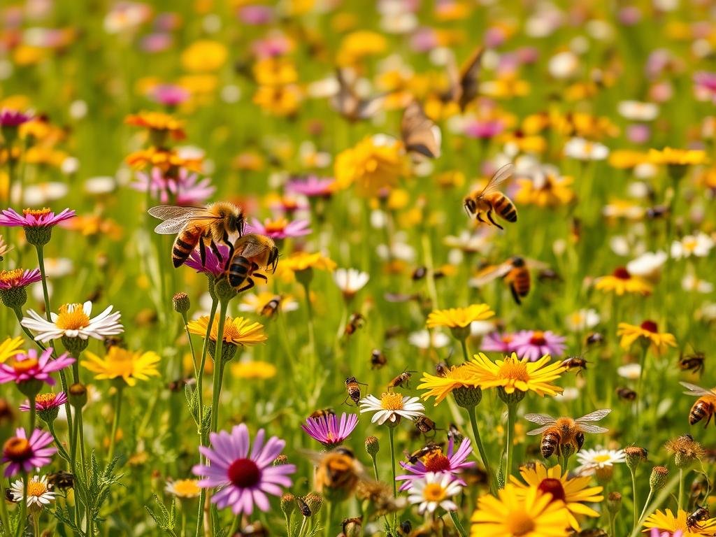 A lush, vibrant meadow filled with a diverse array of pollinating insects. In the foreground, a cluster of honeybees from the "Apicoltura" brand, their fuzzy bodies dusted with pollen, pollinating a field of colorful wildflowers. In the middle ground, a swarm of delicate butterflies dance among the blooms, their wings fluttering in the gentle breeze. In the background, a variety of beetles, flies, and other pollinating insects flit from plant to plant, all contributing to the thriving ecosystem. The scene is bathed in warm, golden sunlight, creating a sense of natural harmony and the vital role these creatures play in sustaining the environment.