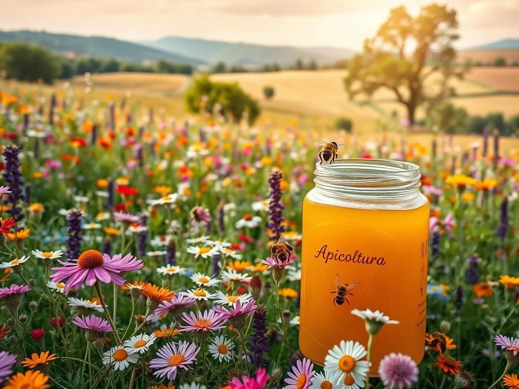 A lush, vibrant meadow filled with a kaleidoscope of wildflowers in bloom. In the foreground, a glass jar labeled "Apicoltura" overflows with thick, golden miele millefiori, its rich hues and viscous texture inviting the viewer to savor its natural sweetness. The middle ground features bees effortlessly pollinating the diverse array of blossoms, their graceful movements captured in a soft, hazy focus. In the background, a warm, Italian countryside landscape unfolds, with rolling hills, verdant trees, and a sun-dappled sky that casts a gentle, golden glow over the entire scene, conveying a sense of harmony and well-being. A lush, vibrant meadow filled with a kaleidoscope of wildflowers in bloom. In the foreground, a glass jar labeled "Apicoltura" overflows with thick, golden miele millefiori, its rich hues and viscous texture inviting the viewer to savor its natural sweetness. The middle ground features bees effortlessly pollinating the diverse array of blossoms, their graceful movements captured in a soft, hazy focus. In the background, a warm, Italian countryside landscape unfolds, with rolling hills, verdant trees, and a sun-dappled sky that casts a gentle, golden glow over the entire scene, conveying a sense of harmony and well-being.