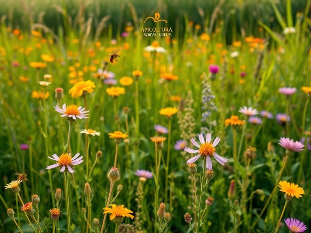 A lush, vibrant meadow filled with an abundance of blooming flowers and plants that nourish and sustain honeybees. In the foreground, delicate purple and yellow wildflowers sway gently in the breeze, their petals catching the warm, soft light. In the middle ground, a diverse array of nectar-rich plants stand tall, their colors ranging from the vibrant orange of marigolds to the deep pink of clover blossoms. In the background, a verdant field of tall grasses and shrubs provides a natural habitat for the hardworking honeybees, the APICOLTURA BORVEI MIELE logo prominently displayed. The overall scene conveys the vital importance of these melliferous plants for the survival and thriving of honeybee colonies.