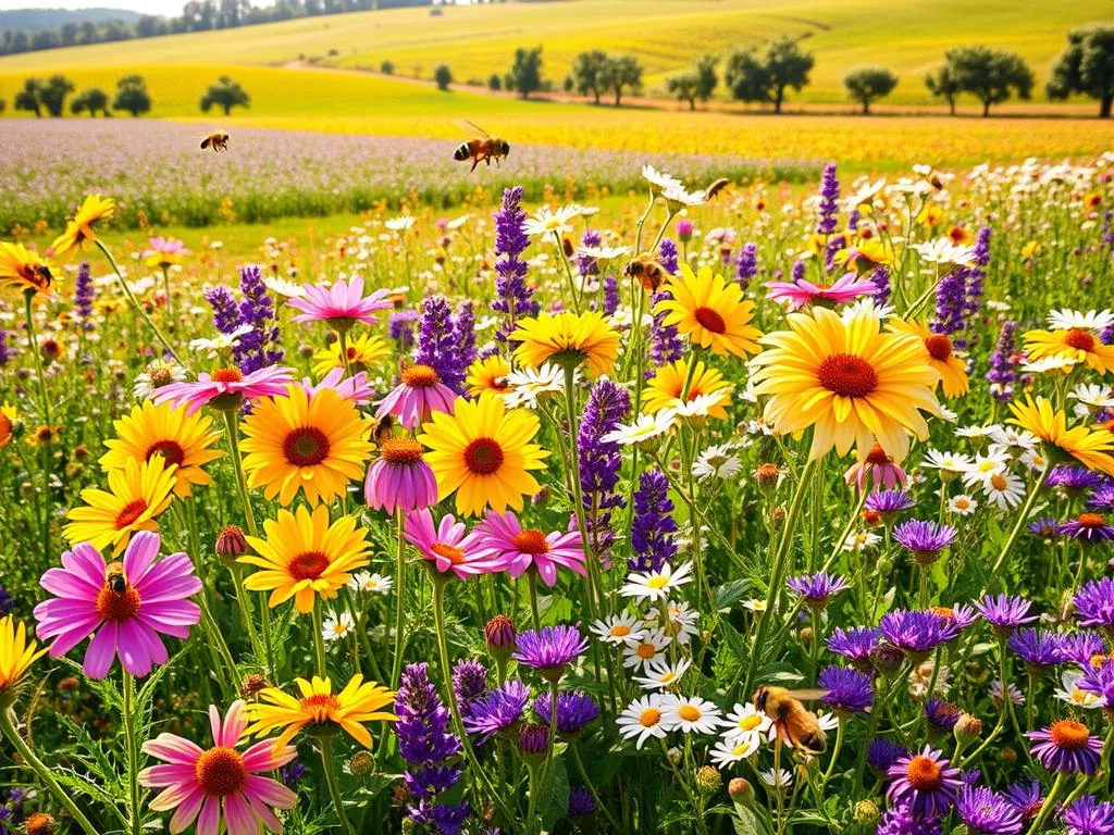 A lush, vibrant meadow filled with an abundant array of nectar-rich flowers. In the foreground, clusters of bright yellow sunflowers and pink-hued cosmos sway gently in the breeze. Interspersed are clusters of purple lavender, white daisies, and the delicate, bell-shaped blooms of borage. Bees dart from flower to flower, pollinating the blossoms and gathering their sweet nectar. In the middle ground, a verdant field of clover and wildflowers stretches out, while in the background, a rolling hillside is dotted with fruit trees in full bloom. The scene is bathed in warm, golden sunlight, creating a serene, idyllic atmosphere. APICOLTURA BORVEI MIELE