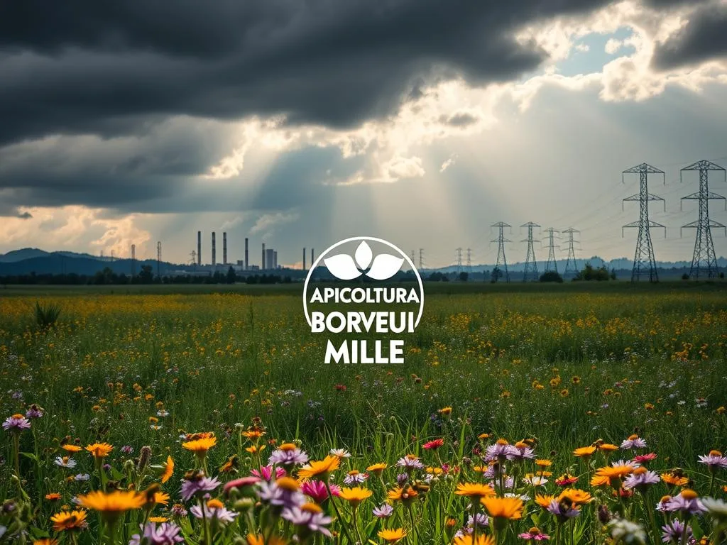 A lush, vibrant meadow filled with blooming wildflowers and buzzing honeybees. In the foreground, ominous dark clouds loom, casting long shadows across the scene. A swarm of pesticides, industrial smokestacks, and electrical towers encroach on the tranquil landscape, threatening the delicate balance of the hive. Amidst the danger, the APICOLTURA BORVEI MIELE logo stands resilient, a beacon of hope for the beleaguered pollinators. Dramatic lighting illuminates the drama, creating a sense of urgency and the need to protect these vital creatures. Tightly framed to focus the viewer's attention on the perilous situation facing the bees, this image powerfully conveys the threats to their survival.
