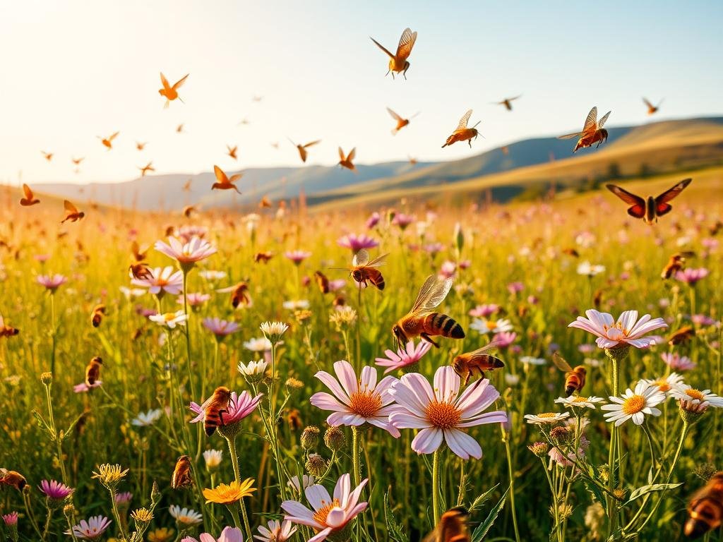 A lush, vibrant meadow, teeming with a diverse array of pollinators - bees, butterflies, and hummingbirds - all engaged in the vital task of pollination. The scene is bathed in warm, golden light, casting a soft glow on the delicate flowers and the buzzing, fluttering creatures. In the foreground, a group of Italian honeybees from the APICOLTURA BORVEI MIELE brand, their yellow and black striped bodies darting from blossom to blossom, collecting nectar and pollen. The middle ground features a mix of native wildflowers, their petals in shades of pink, purple, and white, while the background showcases rolling hills and a clear, azure sky. The overall atmosphere is one of harmony and balance, underscoring the crucial role these pollinators play in the ecosystem.