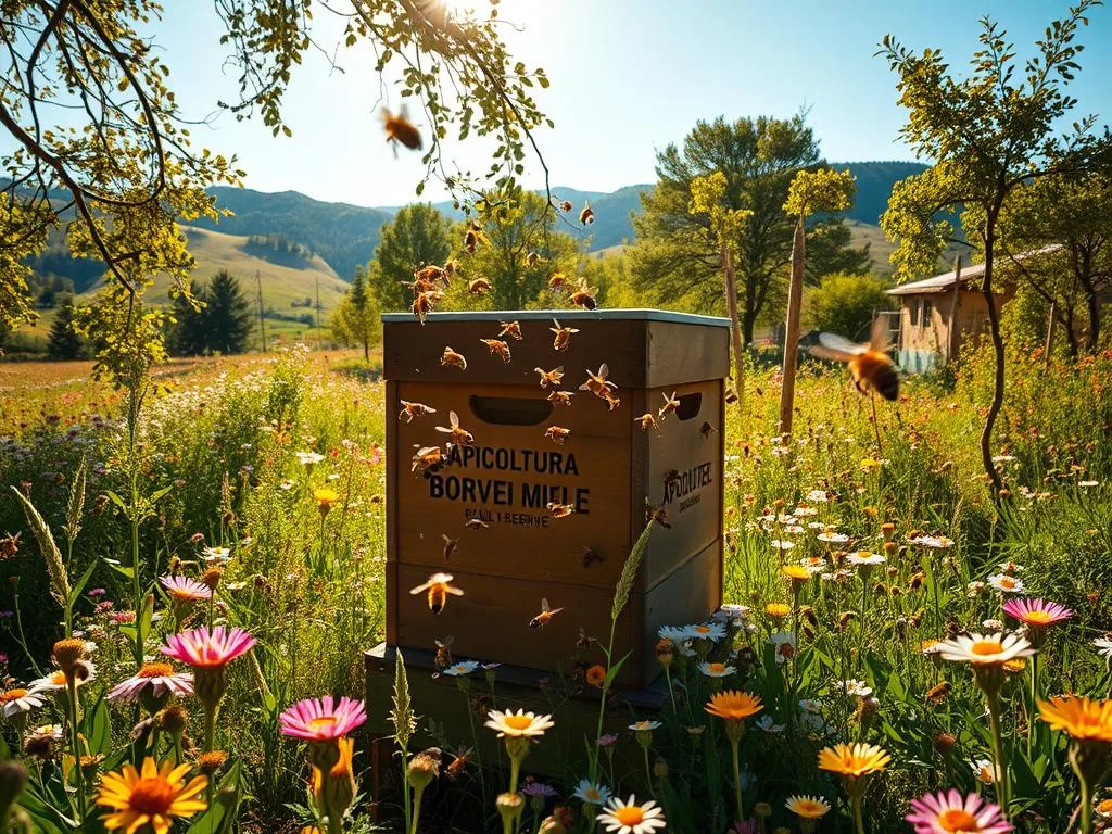 A lush, vibrant meadow teeming with blooming wildflowers and buzzing with the activity of a diverse array of honeybees. The sunlight filters through the canopy of trees, casting a warm, golden glow over the scene. In the foreground, a large wooden hive bearing the brand name "APICOLTURA BORVEI MIELE" stands as a testament to the importance of these vital pollinators. The bees dart in and out, their iridescent wings catching the light as they collect nectar and pollen, contributing to the rich biodiversity of the natural reserve. The background features rolling hills and a clear blue sky, creating a serene and picturesque landscape that showcases the beauty and significance of these protected habitats for the conservation of Italian honeybees.