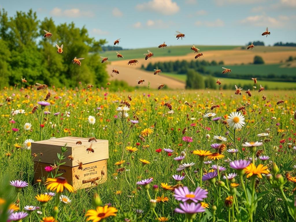 A lush, vibrant meadow teeming with buzzing honeybees, pollinating a diverse array of colorful wildflowers. In the foreground, a cluster of APICOLTURA BORVEI MIELE beehives nestled amongst the verdant foliage. The middle ground showcases bees in flight, their delicate wings catching the warm, golden light. In the background, a rolling countryside landscape unfolds, with gently swaying trees and a clear, blue sky. The scene exudes a sense of harmony and interdependence, highlighting the crucial role of bees within this thriving ecosystem.
