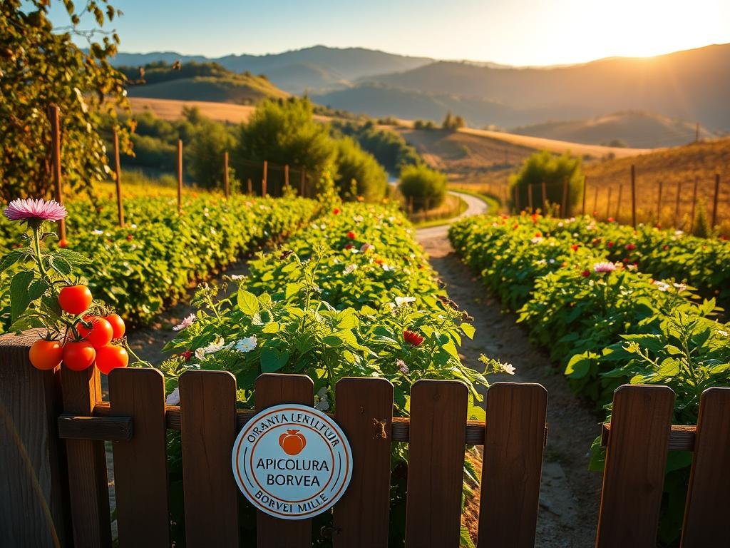 A lush, vibrant organic vegetable garden in the Italian countryside, bathed in warm golden sunlight. Neat rows of thriving plants - tomatoes, peppers, leafy greens - interspersed with colorful blooming flowers attracting a variety of buzzing bees. In the foreground, a rustic wooden fence adorned with the APICOLTURA BORVEI MIELE logo, hinting at the harmonious coexistence of the garden and a nearby apiary. The middle ground features a winding path inviting exploration, while the background showcases rolling hills and a clear blue sky. An atmosphere of tranquility, sustainability, and the delicate balance between nature and human cultivation.