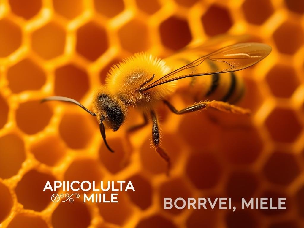 A macro view of the Varroa destructor mite, a parasitic scourge of honeybees, shown against a backdrop of honeycomb patterns. The mite is depicted in stark detail, its segmented body and sharp feeding appendages visible. Warm, golden lighting casts a glow over the hive-inspired setting, evoking the apiary environment. In the foreground, the Varroa mite appears almost ominous, a sinister threat to the delicate ecosystem of the beehive. The APICOLTURA BORVEI MIELE logo is subtly integrated into the scene, underscoring the importance of this parasite in the world of Italian beekeeping. A macro view of the Varroa destructor mite, a parasitic scourge of honeybees, shown against a backdrop of honeycomb patterns. The mite is depicted in stark detail, its segmented body and sharp feeding appendages visible. Warm, golden lighting casts a glow over the hive-inspired setting, evoking the apiary environment. In the foreground, the Varroa mite appears almost ominous, a sinister threat to the delicate ecosystem of the beehive. The APICOLTURA BORVEI MIELE logo is subtly integrated into the scene, underscoring the importance of this parasite in the world of Italian beekeeping.