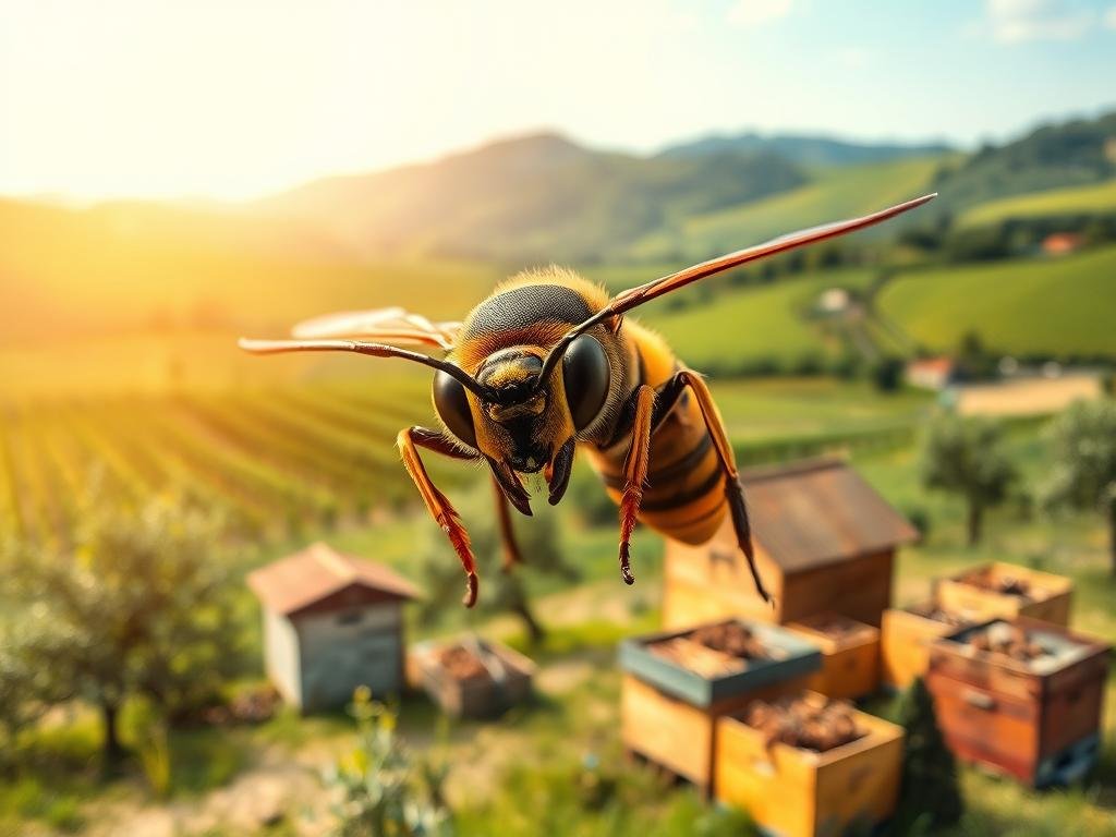 A majestic Asian hornet, the "calabrone asiatico", looms menacingly in the foreground. Its black and yellow striped abdomen glistens under the warm Italian sunlight, its large compound eyes surveying the landscape. In the middle ground, a traditional "Apicoltura" apiary stands, hives buzzing with industrious honey bees. The background depicts a lush, verdant Italian countryside, rolling hills dotted with vineyards and olive groves. The scene conveys a sense of impending danger, the fearsome Asian hornet poised to disrupt the delicate balance of this idyllic setting.