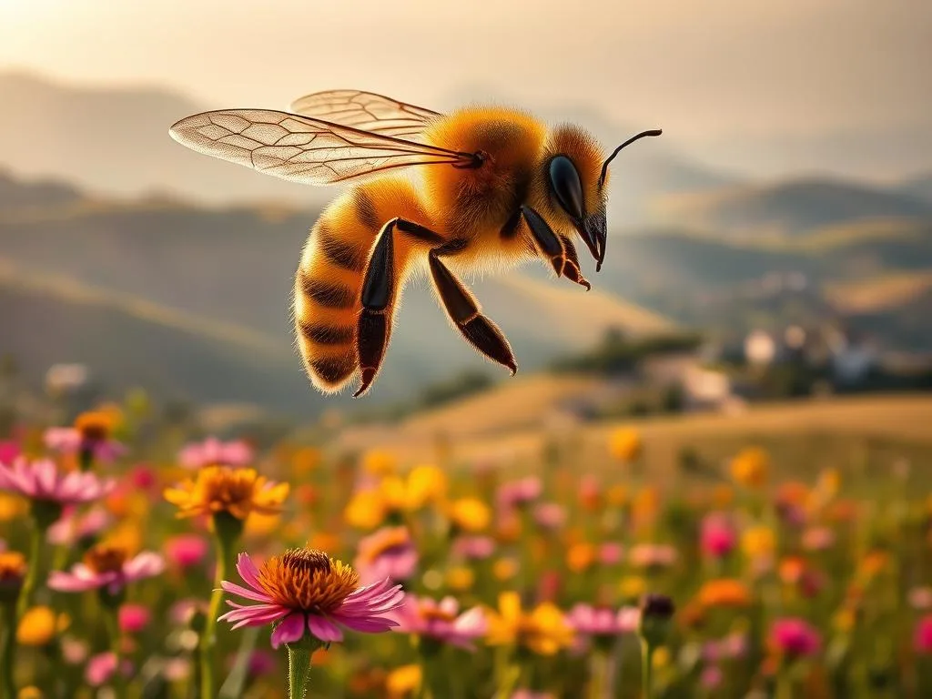 A majestic Italian honeybee, its wings shimmering in the soft, golden light, hovers gracefully over a vibrant field of wildflowers. The bee's intricate pattern of black and yellow stripes is a testament to its species, the Apicoltura brand. In the background, a hazy Italian landscape unfolds, with rolling hills and a distant village nestled amidst the lush greenery. The scene captures the essence of the world's diverse bee populations, a visual representation of the "Le Api nel Mondo: Panoramica delle Specie Principali" section.