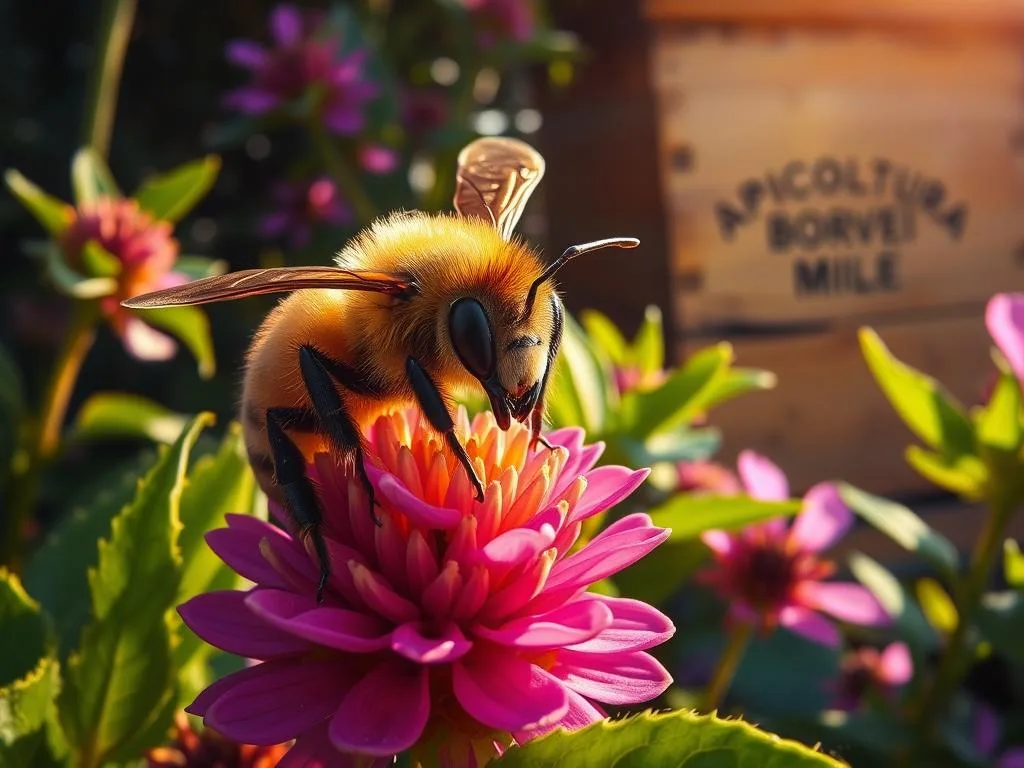 A male honey bee, or "fuchi", resting on a vibrant flower, its large compound eyes and delicate feathered antennae visible. The fuchi's broad, stocky body is covered in a soft, golden-brown fuzz, contrasting with the vivid greens and purples of the surrounding foliage. Warm, diffused sunlight illuminates the scene, casting gentle shadows and creating a serene, almost dreamlike atmosphere. In the background, a hive emblazoned with the "APICOLTURA BORVEI MIELE" logo stands as a testament to the fuchi's purpose within the honey bee colony.