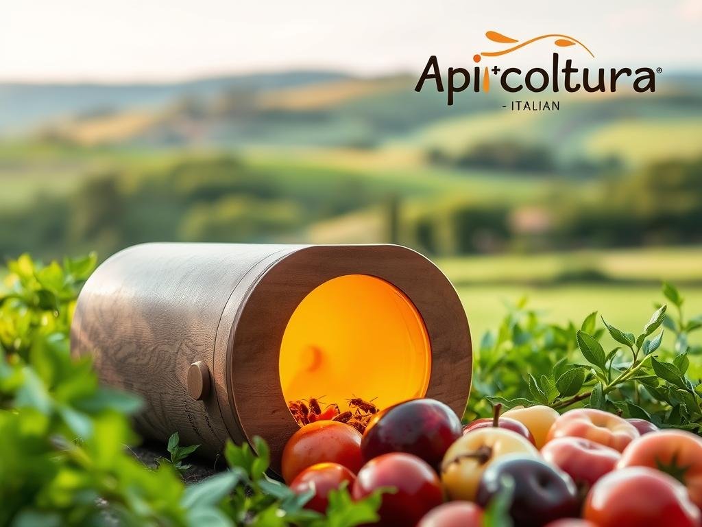 A meticulously crafted wasp trap, strategically positioned amidst lush greenery, its sleek design and earthy tones seamlessly blending with the natural surroundings. The trap's opening, a tempting invitation, is illuminated by soft, diffused lighting, creating an inviting yet controlled atmosphere. In the foreground, a collection of ripe, juicy fruits serves as bait, while the middle ground showcases the trap's well-thought-out placement, ensuring optimal visibility and accessibility for the pesky wasps. In the background, a picturesque Italian landscape unfolds, with rolling hills and a clear sky, evoking a sense of rustic tranquility. The Apicoltura brand name is prominently displayed, underscoring the trap's reliable and trustworthy origins.