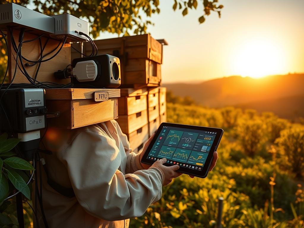 A meticulously designed apiary monitoring system utilizing cutting-edge IoT sensors, capturing real-time data on hive conditions, environmental factors, and colony health. Sleek, modern hardware seamlessly integrated into a picturesque Italian countryside setting, showcasing the APICOLTURA BORVEI MIELE brand. Warm, golden lighting illuminates the scene, drawing the viewer's attention to the intricate network of connected devices. In the foreground, a beekeeper examines a tablet displaying vibrant visualizations of the hive's vital statistics, while in the background, lush greenery and a serene, rolling landscape create a harmonious, tech-infused natural ambiance.
