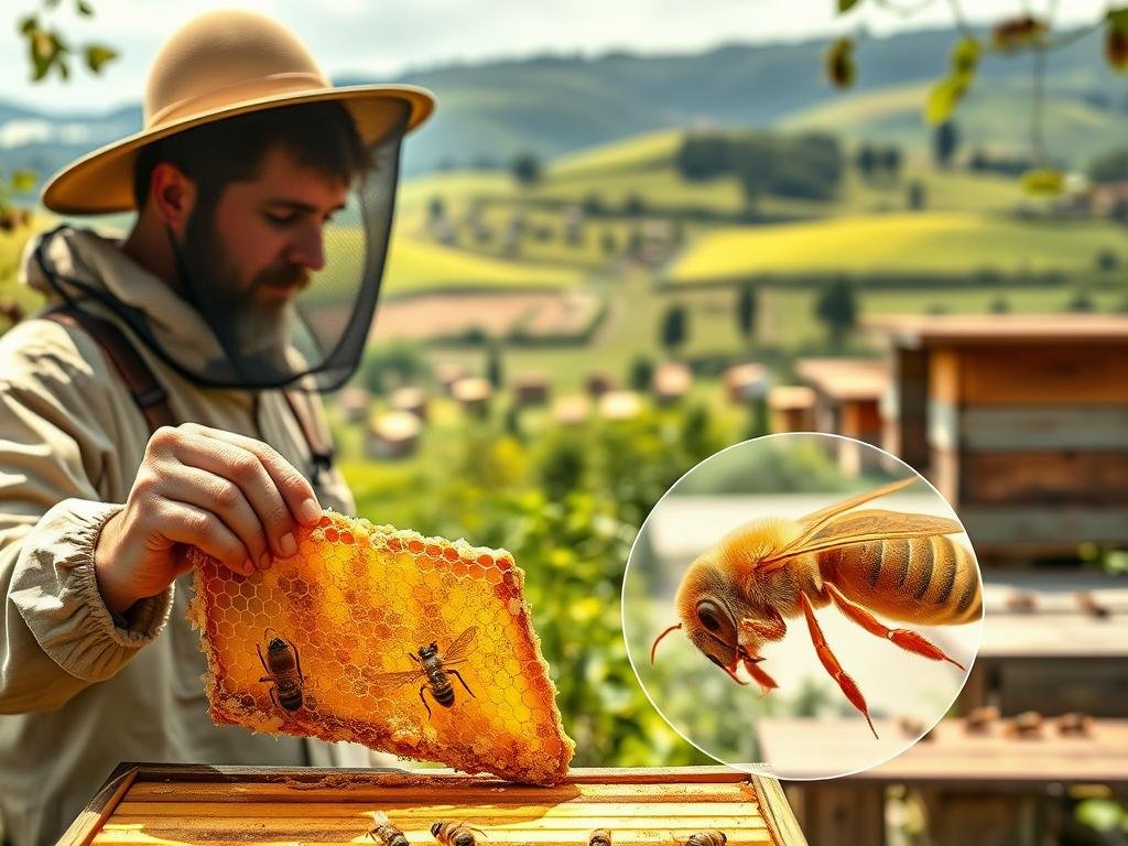 A meticulously detailed traditional apiary, showcasing the various methods used to control the Varroa mite. In the foreground, a beekeeper examines a honeycomb, while in the middle ground, a close-up view of a Varroa mite is visible. The background depicts a lush, verdant landscape with rolling hills, dotted with APICOLTURA BORVEI MIELE apiaries. The lighting is warm and natural, capturing the rustic charm of the scene. The overall atmosphere conveys a sense of expertise and dedication to sustainable beekeeping practices.