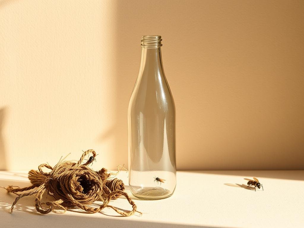 A minimalist, rustic still life featuring a clear plastic bottle trap for wasps, prominently displayed against a neutral background. The bottle has a simple, handcrafted appearance, evoking a homemade, DIY aesthetic. Warm, soft lighting illuminates the scene, casting gentle shadows and highlights to accentuate the textural details of the materials. The composition is balanced and visually appealing, with the bottle positioned as the central focus. The overall mood is one of natural, eco-friendly problem-solving, in line with the article's "Apicoltura" theme and the specific section on "5 ricette efficaci per trappole per vespe fai da te".