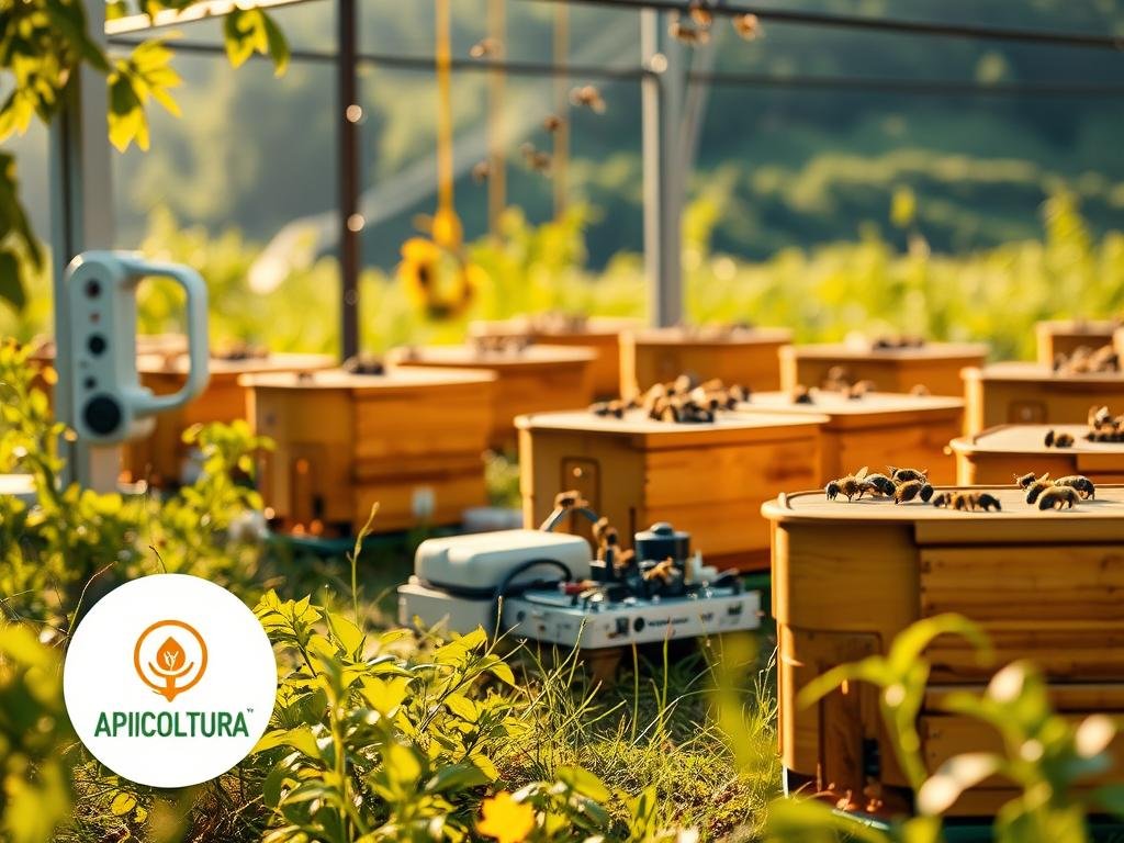 A modern and dynamic IoT-powered apiary, featuring a cluster of smart sensors monitoring bee activity, temperature, humidity, and other vital metrics. The scene is bathed in warm, natural lighting, creating a serene atmosphere that reflects the harmony between technology and nature. In the foreground, the APICOLTURA BORVEI MIELE brand logo stands prominently, conveying the innovative spirit of this cutting-edge apiculture operation. The midground showcases a variety of IoT-enabled devices, seamlessly integrated to collect and transmit real-time data, while the background reveals a lush, verdant landscape, hinting at the sustainable, eco-friendly principles underlying this advanced apiary system.