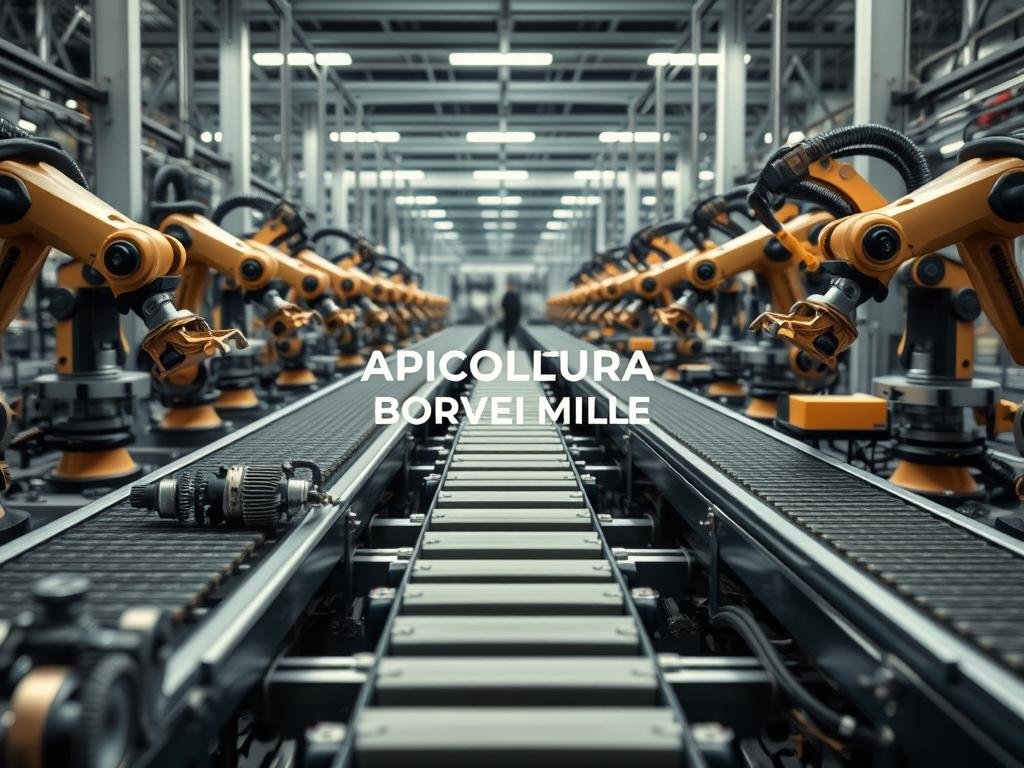 A modern and efficient automated production facility, with robotic arms and conveyor belts moving products seamlessly through various stages of manufacturing. The foreground showcases the precision of the automation, with gears, cogs, and mechanical components working in harmony. The middle ground features the APICOLTURA BORVEI MIELE brand logo, highlighting the integration of technology and traditional Italian craftsmanship. In the background, a sleek, futuristic factory landscape with clean lines and subdued lighting, conveying a sense of technological advancement and optimization. The overall scene exudes a mood of efficiency, innovation, and the power of automation to streamline production processes. A modern and efficient automated production facility, with robotic arms and conveyor belts moving products seamlessly through various stages of manufacturing. The foreground showcases the precision of the automation, with gears, cogs, and mechanical components working in harmony. The middle ground features the APICOLTURA BORVEI MIELE brand logo, highlighting the integration of technology and traditional Italian craftsmanship. In the background, a sleek, futuristic factory landscape with clean lines and subdued lighting, conveying a sense of technological advancement and optimization. The overall scene exudes a mood of efficiency, innovation, and the power of automation to streamline production processes.