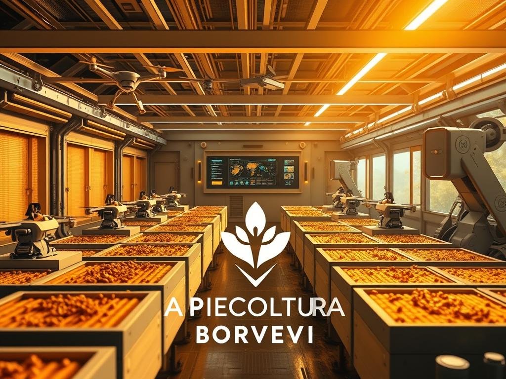 A modern, automated apiarian facility with a sleek, streamlined design. A central control panel oversees various robotic systems tending to the beehives - autonomous drones monitor hive activity, robotic arms harvest honey, and AI-powered sensors track environmental conditions. The facility is bathed in warm, golden lighting, evoking the rich, natural tones of the honey produced. In the foreground, the APICOLTURA BORVEI MIELE brand logo is prominently displayed, showcasing the high-tech, innovative nature of this automated apiary. The overall scene conveys a harmonious balance between nature and technology, reflecting the benefits of automation in modern beekeeping.