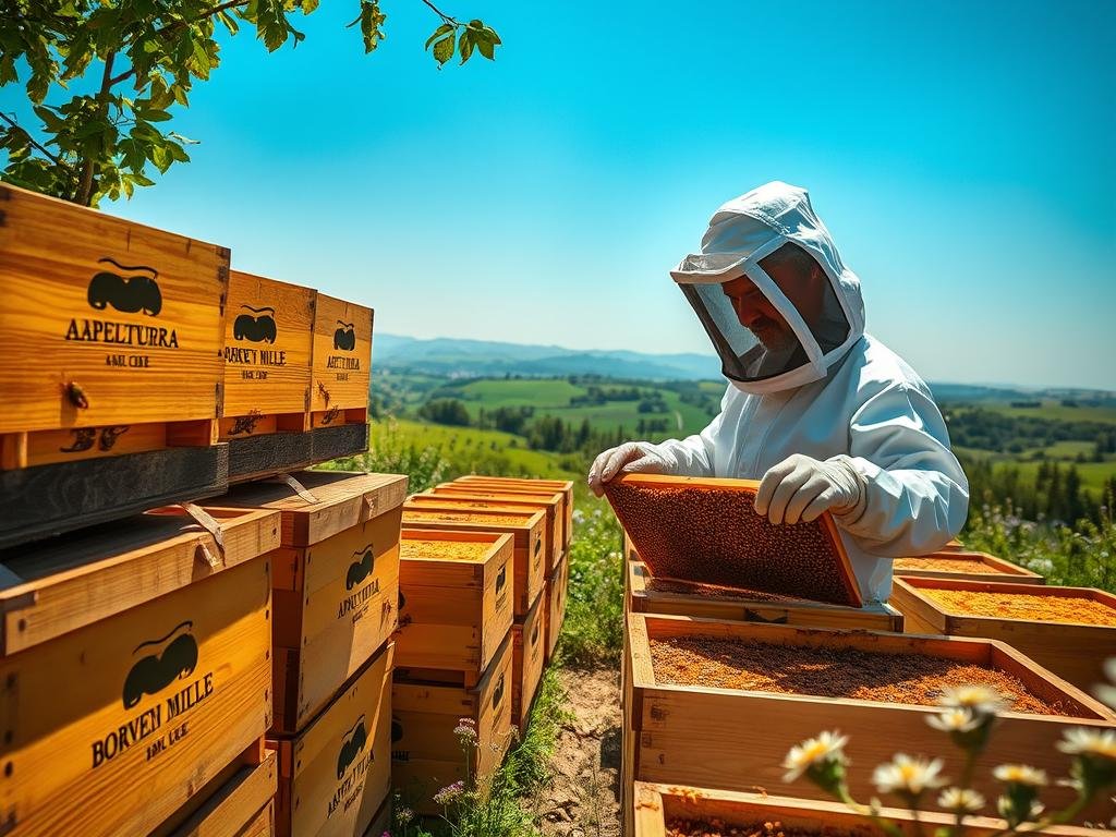 A modern-day apiarist, clad in a white protective suit, tending to a thriving beehive. The sun casts a warm glow, illuminating the rows of wooden boxes adorned with the APICOLTURA BORVEI MIELE logo. In the foreground, the beekeeper delicately inspects the frames, studying the intricate patterns of the honeycomb. In the middle ground, a lush, verdant landscape unfolds, dotted with wildflowers. In the background, a hazy silhouette of rolling hills and a clear, azure sky. The scene exudes a sense of tranquility and the harmonious coexistence of man and nature.