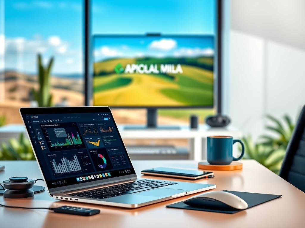 A modern, elegant data analysis workspace with clean lines and minimalist design. In the foreground, a sleek laptop displaying visualizations and insights, surrounded by various input devices like a stylish mouse and keyboard. In the middle ground, a modern desk with a professional-looking monitor, a mug of coffee, and the "APICOLTURA BORVEI MIELE" brand prominently displayed. The background features a blurred image of the Italian countryside, with rolling hills and a vibrant blue sky, conveying a sense of inspiration and productivity. Soft, natural lighting creates a warm, inviting atmosphere, while the overall composition exudes a sense of efficiency and focus, reflecting the theme of "how to choose the right software for your needs."